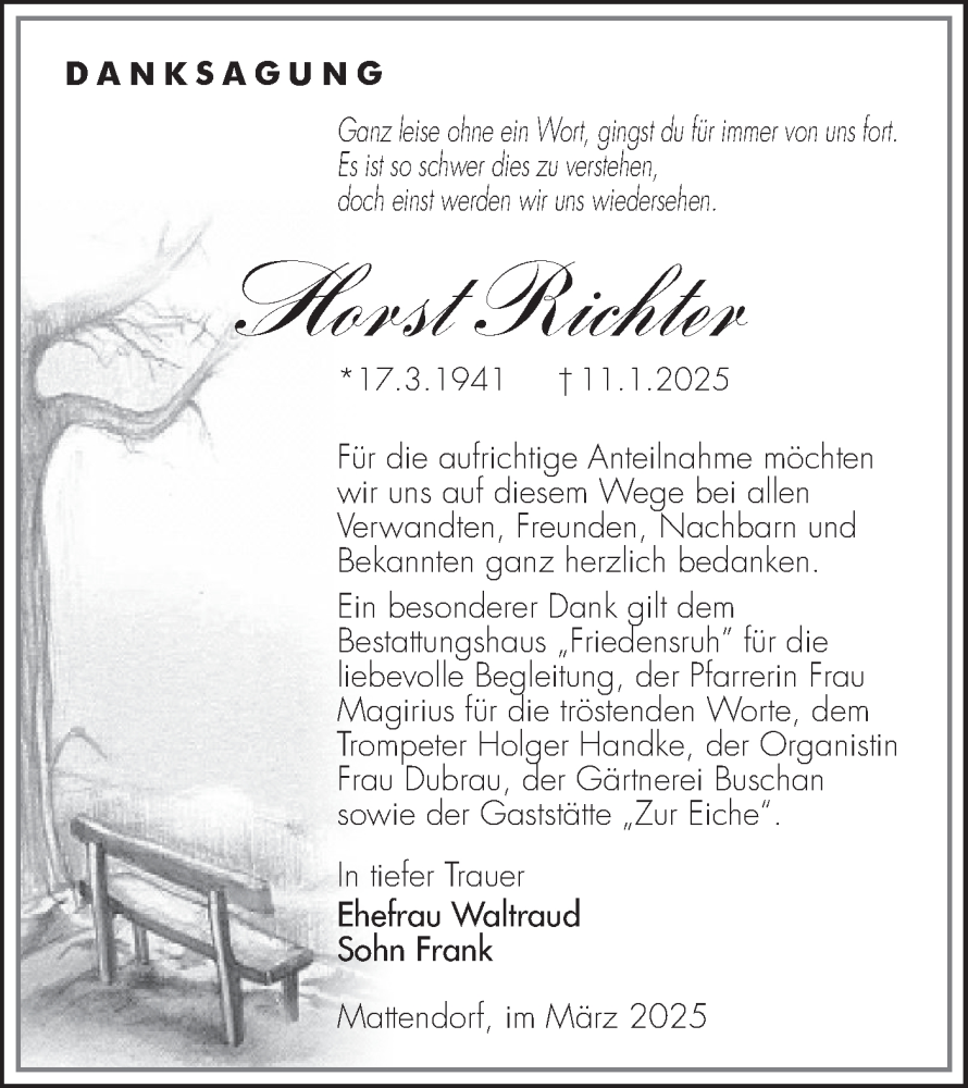  Traueranzeige für Horst Richter vom 15.03.2025 aus Lausitzer Rundschau