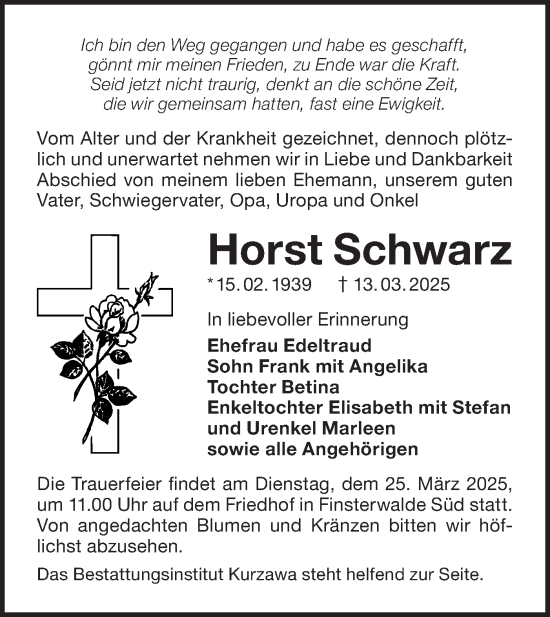 Traueranzeige von Horst Schwarz von Lausitzer Rundschau