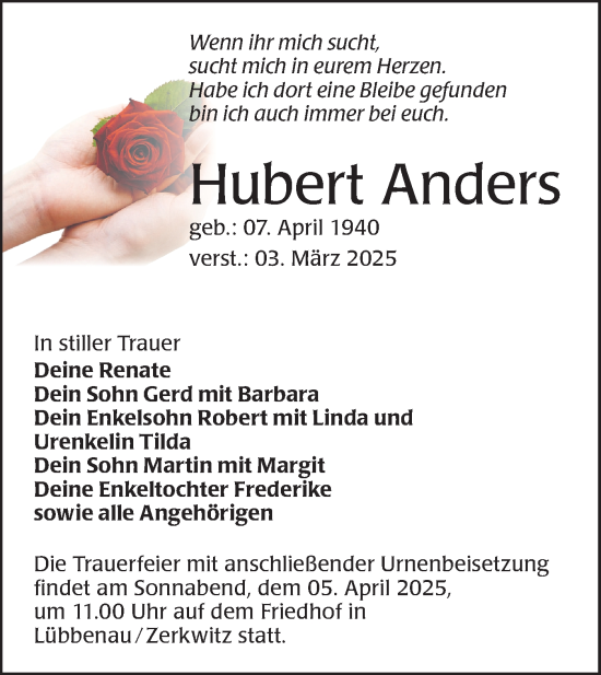Traueranzeige von Hubert Anders von Lausitzer Rundschau