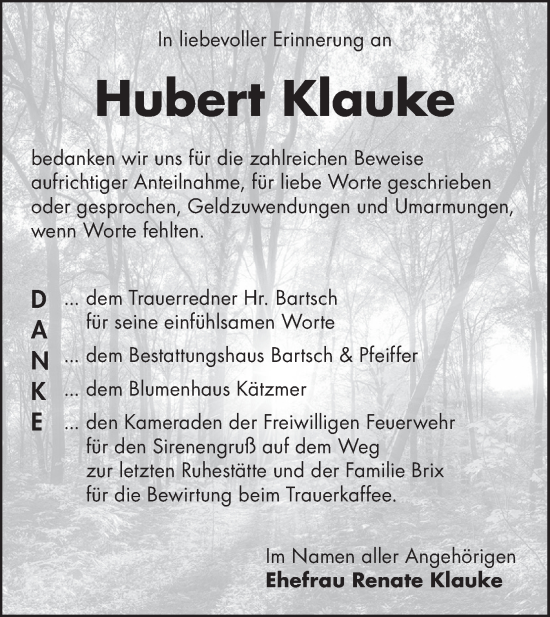 Traueranzeige von Hubert Klauke von Lausitzer Rundschau