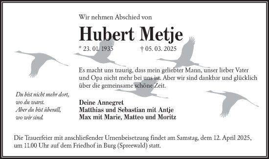 Traueranzeige von Hubert Metje von Lausitzer Rundschau