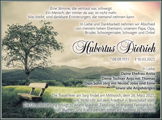 Traueranzeige von Hubertus Dietrich von Lausitzer Rundschau