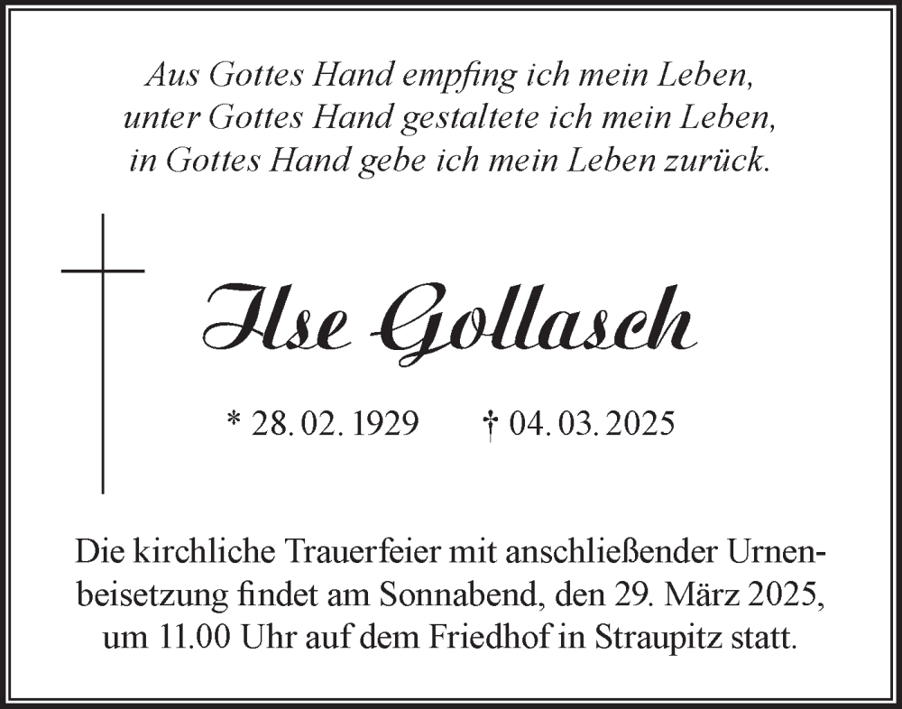  Traueranzeige für Ilse Gollasch vom 22.03.2025 aus Lausitzer Rundschau