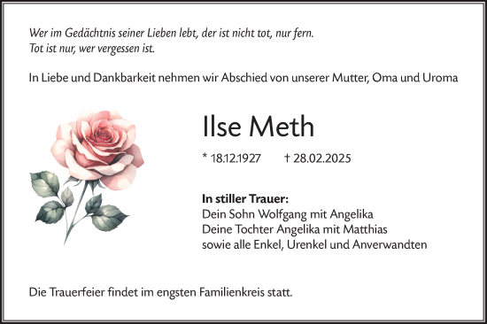 Traueranzeige von Ilse Meth von Lausitzer Rundschau