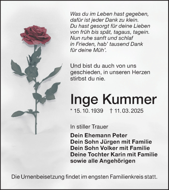 Traueranzeige von Inge Kummer von Lausitzer Rundschau