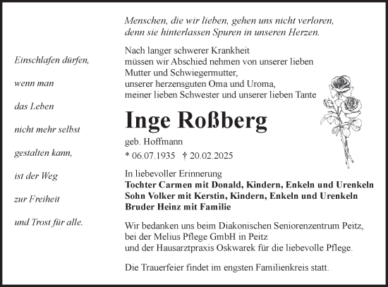 Traueranzeige von Inge Roßberg von Lausitzer Rundschau
