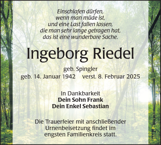 Traueranzeige von Ingeborg Riedel von Lausitzer Rundschau