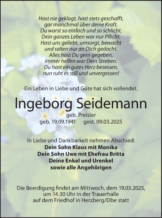 Traueranzeige von Ingeborg Seidemann von Lausitzer Rundschau