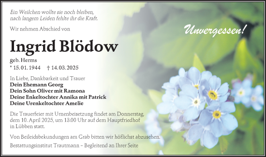 Traueranzeige von Ingrid Blödow von Lausitzer Rundschau