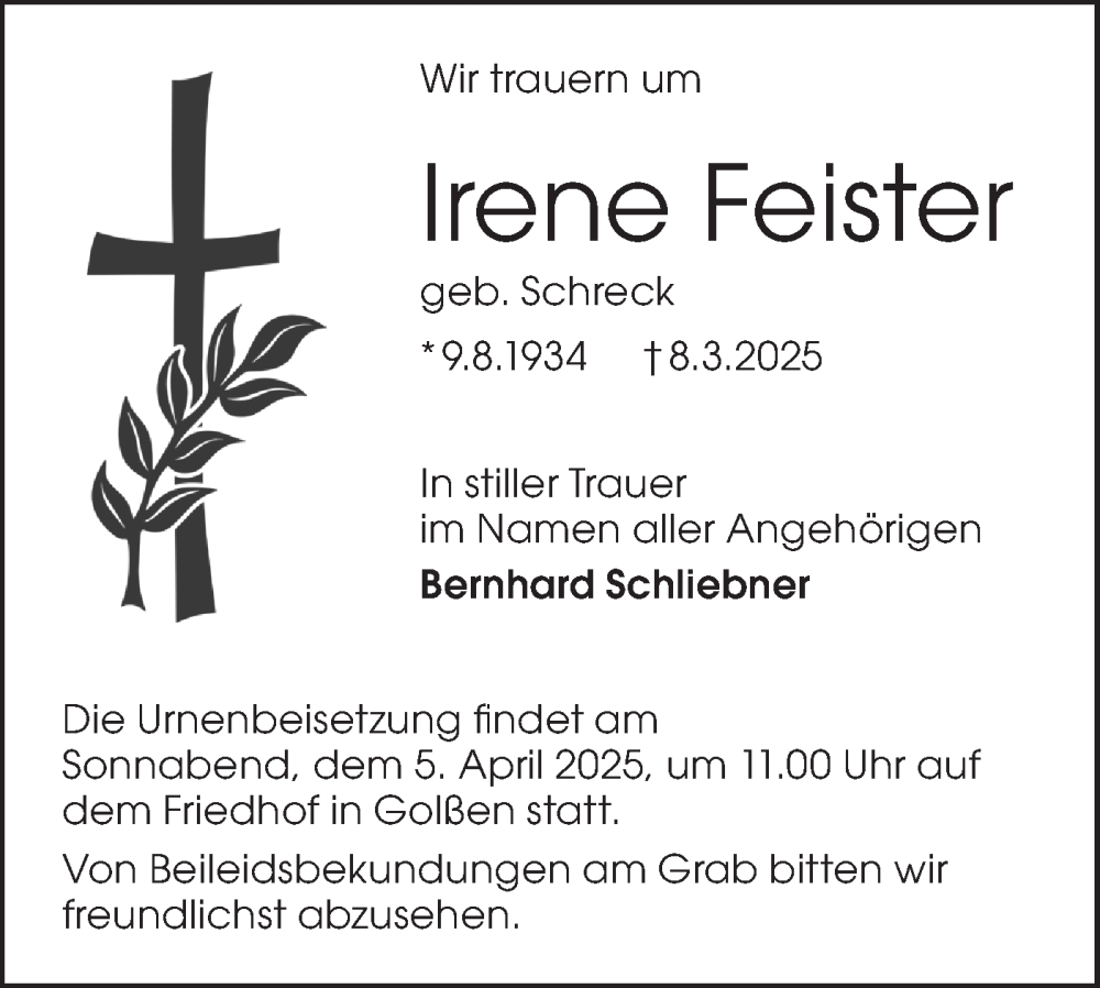  Traueranzeige für Irene Feister vom 15.03.2025 aus Lausitzer Rundschau