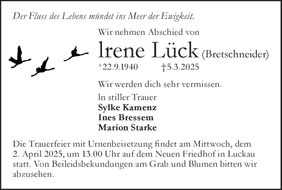 Traueranzeige von Irene Lück von Lausitzer Rundschau