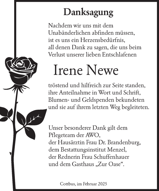 Traueranzeige von Irene Newe von Lausitzer Rundschau