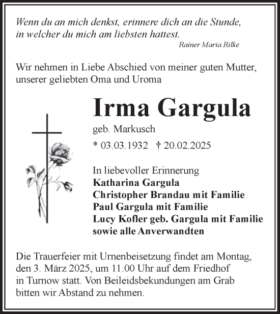 Traueranzeige von Irma Gargula von Lausitzer Rundschau