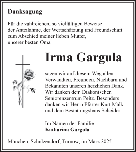 Traueranzeige von Irma Gargula von Lausitzer Rundschau
