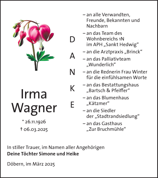 Traueranzeige von Irma Wagner von Lausitzer Rundschau