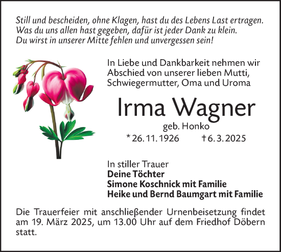 Traueranzeige von Irma Wagner von Lausitzer Rundschau
