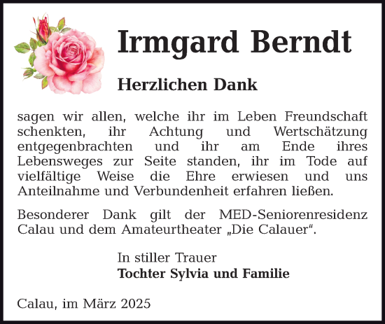 Traueranzeige von Irmgard Berndt von Lausitzer Rundschau