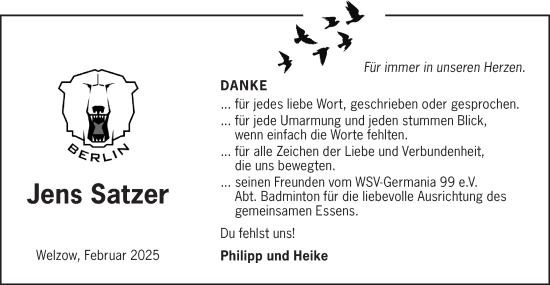 Traueranzeige von Jens Satzer von Lausitzer Rundschau