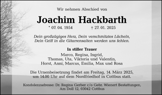 Traueranzeige von Joachim Hackbarth von Lausitzer Rundschau