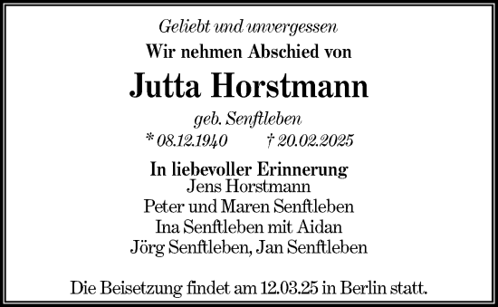 Traueranzeige von Jutta Horstmann von Lausitzer Rundschau