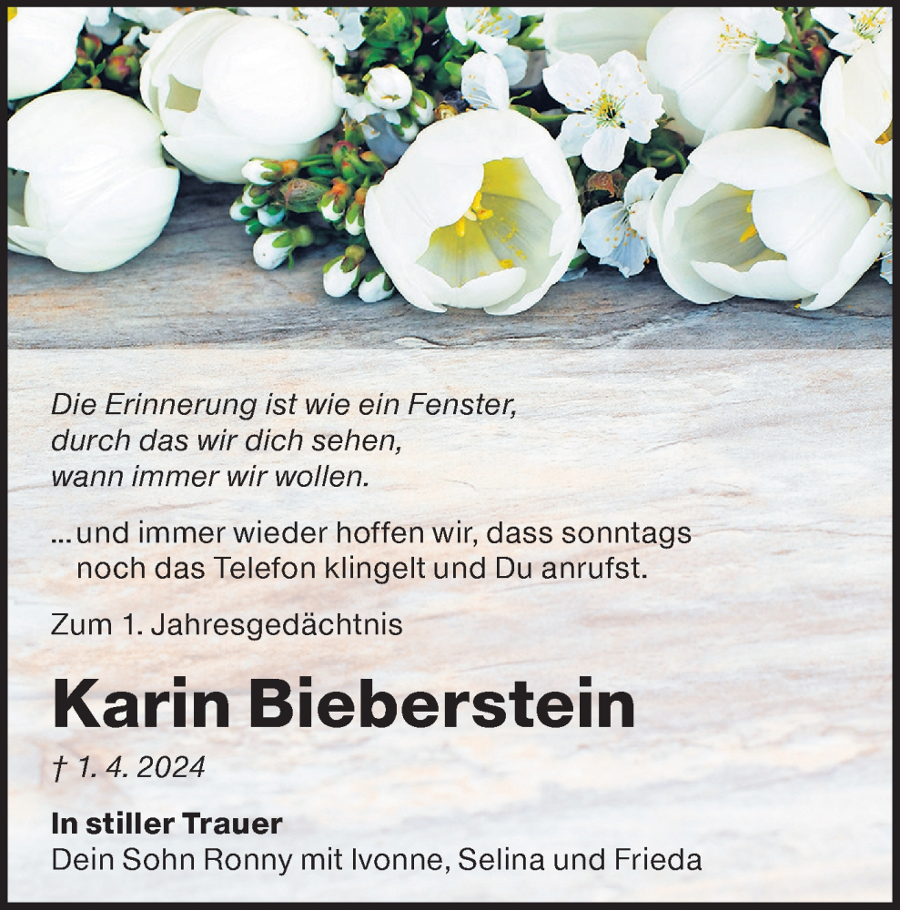  Traueranzeige für Karin Bieberstein vom 29.03.2025 aus Lausitzer Rundschau
