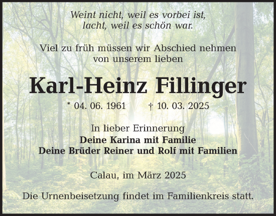 Traueranzeige von Karl-Heinz Fillinger von Lausitzer Rundschau