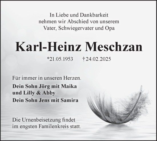 Traueranzeige von Karl-Heinz Meschzan von Lausitzer Rundschau
