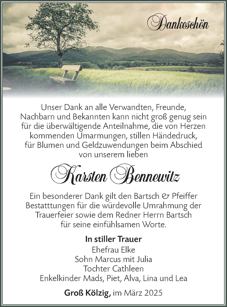  Traueranzeige für Karsten Bennewitz vom 29.03.2025 aus Lausitzer Rundschau
