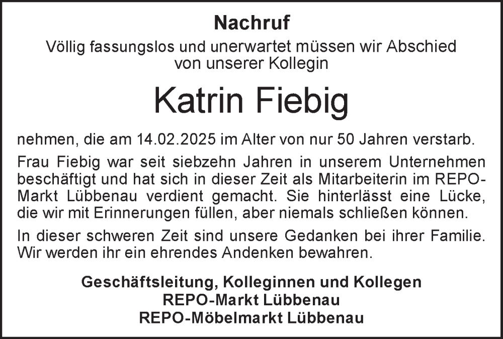  Traueranzeige für Katrin Fiebig vom 08.03.2025 aus Lausitzer Rundschau