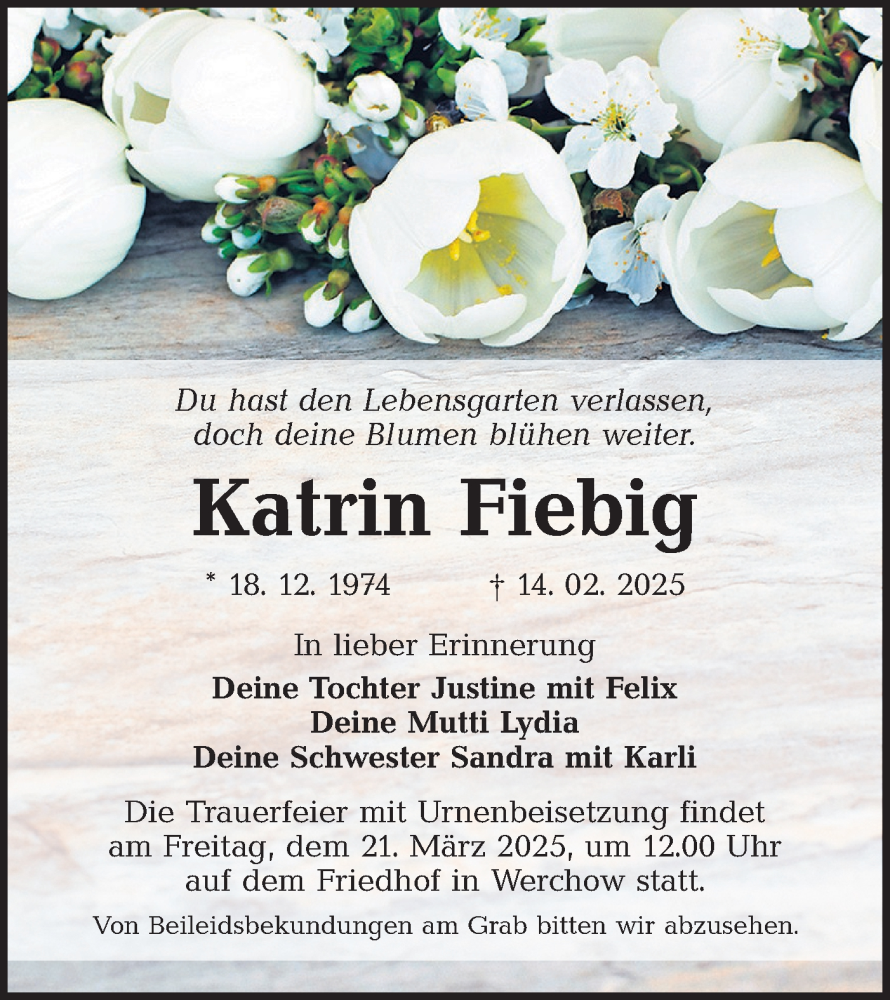  Traueranzeige für Katrin Fiebig vom 01.03.2025 aus Lausitzer Rundschau