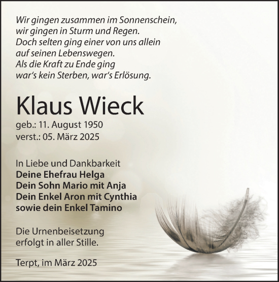 Traueranzeige von Klaus Wieck von Lausitzer Rundschau