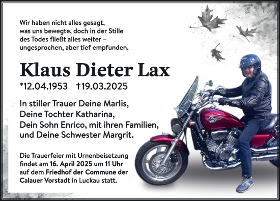 Traueranzeige von Klaus Dieter Lax von Lausitzer Rundschau