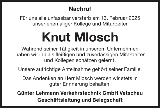 Traueranzeige von Knut Mlosch von Lausitzer Rundschau