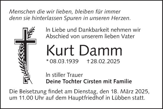 Traueranzeige von Kurt Damm von Lausitzer Rundschau