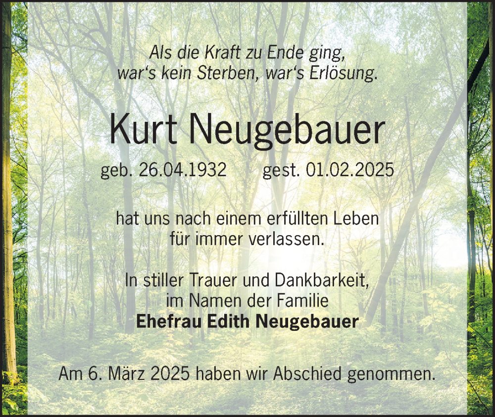  Traueranzeige für Kurt Neugebauer vom 08.03.2025 aus Lausitzer Rundschau