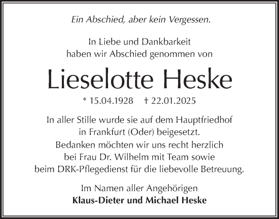 Traueranzeige von Lieselotte Heske von Lausitzer Rundschau