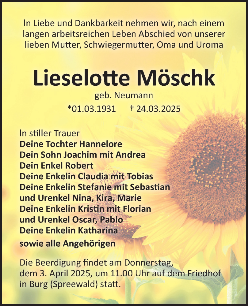  Traueranzeige für Lieselotte Möschk vom 29.03.2025 aus Lausitzer Rundschau