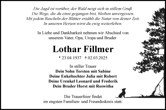 Traueranzeige von Lothar Fillmer von Lausitzer Rundschau