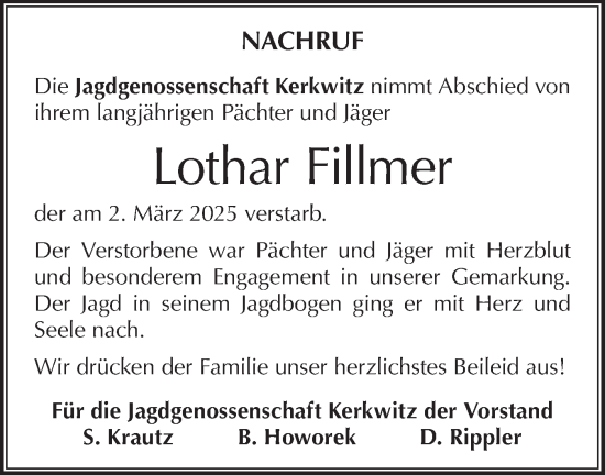 Traueranzeige von Lothar Fillmer von Lausitzer Rundschau