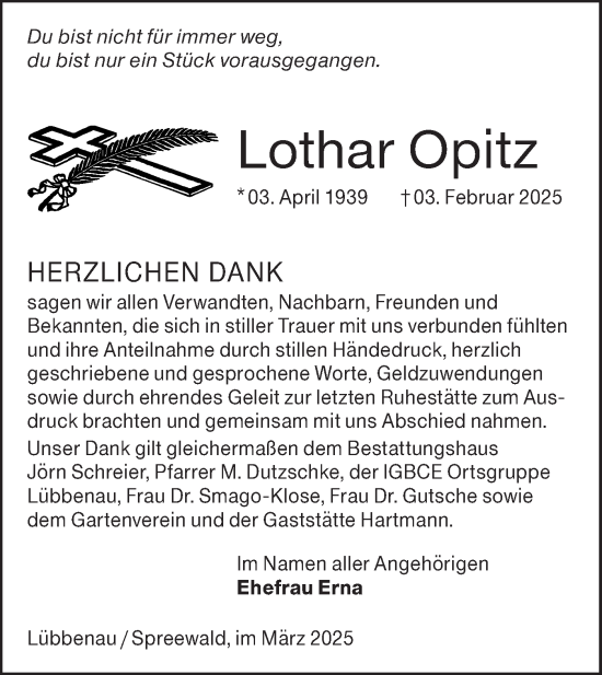 Traueranzeige von Lothar Opitz von Lausitzer Rundschau