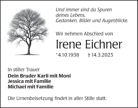 Traueranzeige von lrene Eichner von Lausitzer Rundschau