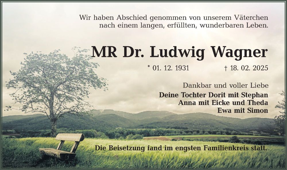  Traueranzeige für Ludwig Wagner vom 22.03.2025 aus Lausitzer Rundschau