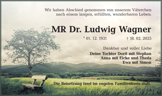Traueranzeige von Ludwig Wagner von Lausitzer Rundschau