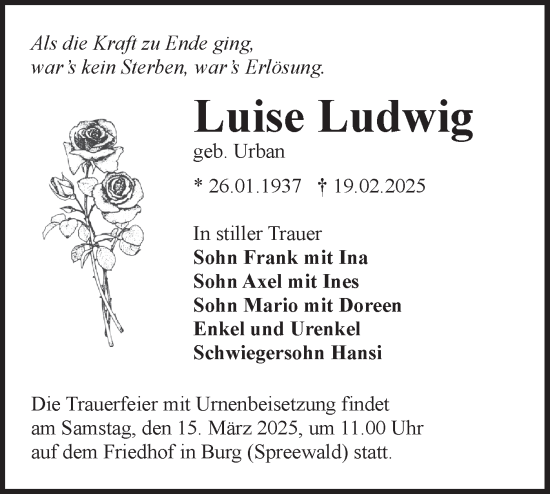Traueranzeige von Luise Ludwig von Lausitzer Rundschau