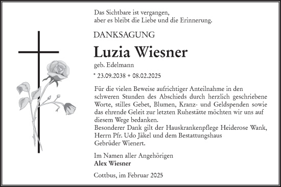 Traueranzeige von Luzia Wiesner von Lausitzer Rundschau