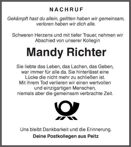 Traueranzeige von Mandy Richter von Lausitzer Rundschau