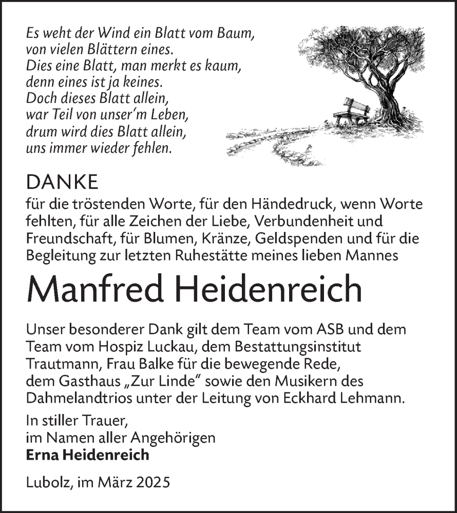  Traueranzeige für Manfred Heidenreich vom 15.03.2025 aus Lausitzer Rundschau