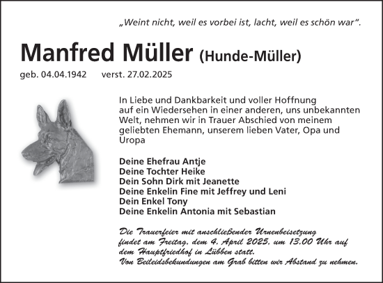 Traueranzeige von Manfred Müller von Lausitzer Rundschau