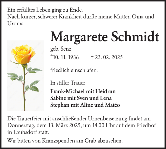 Traueranzeige von Margarete Schmidt von Lausitzer Rundschau