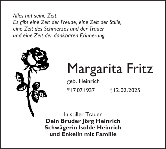 Traueranzeige von Margarita Fritz von Lausitzer Rundschau